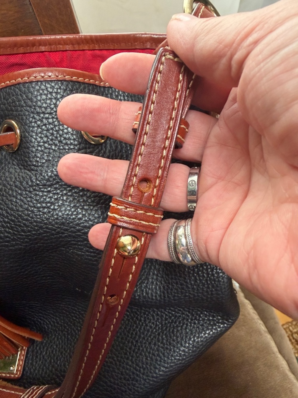 Dooney & Bourke Black Pebbled Leather Tote with Brown leather Trim and Tassel - Picture 9 of 16